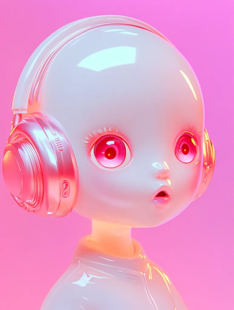 A stylized 3D render depicts a doll-like figure with large, expressive eyes and a surprised expression.  The figure wears oversized, translucent pink headphones, glowing with an inner light.  The overall aesthetic is vibrant and playful, with a smooth, glossy finish to the figure and a bright pink background. The image evokes a feeling of modern digital art and pop culture.
