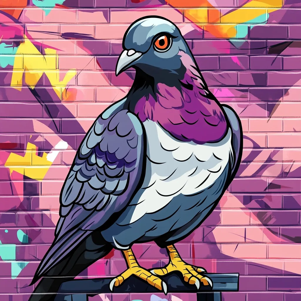 A vibrant cartoon-style pigeon is depicted against a backdrop of a pink brick wall adorned with graffiti. The pigeon's plumage is rendered in shades of purple, blue, and grey, showcasing a stylized, almost comic-book-like aesthetic.  Its orange feet perch on a dark bar, adding contrast to the colourful scene.  The graffiti art includes splashes of yellow, teal and pink, creating a dynamic urban backdrop for the pigeon.