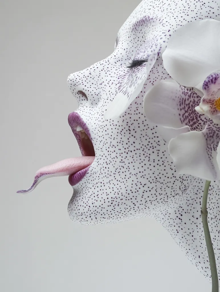 Close-up profile of a model's face adorned with a dotted pattern, reminiscent of polka dots.  Her eyes are closed, and her tongue protrudes playfully. A large white orchid with purple accents is artfully positioned against her face, creating a surreal and elegant image. The overall aesthetic is high fashion and artistic, showcasing a blend of beauty and body art.