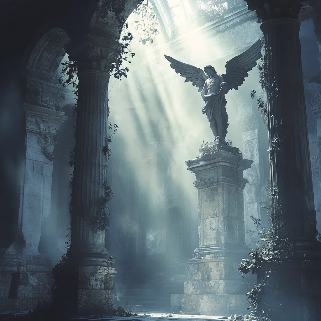 A majestic angel statue, wings outstretched, stands on a weathered pedestal within a crumbling, sun-drenched ruin.  Dust motes dance in the light filtering through the broken roof and overgrown vegetation clings to the decaying pillars. The atmosphere is one of serene decay, a melancholic beauty in the juxtaposition of the angel's grace and the building's ruin.  The scene evokes a sense of forgotten history and quiet contemplation.