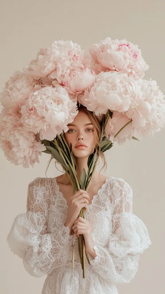 A young woman in a white lace dress holds a large bouquet of pale pink peonies in front of her face.  The flowers are lush and full, obscuring most of her features except her serene face and hands. The overall aesthetic is soft, romantic, and elegant, with a muted color palette emphasizing the delicate beauty of both the woman and the blooms.