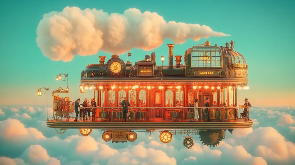 A whimsical steampunk-inspired train floats amidst fluffy clouds.  Ornate details adorn the train, which resembles a luxurious café. Passengers are visible inside and on the exterior balcony, enjoying the surreal airborne experience.  Warm lighting emanates from the train's windows, creating a cozy atmosphere against the pastel sky.  A charming cloud partially obscures the upper portion, adding to the dreamy, fantastical scene.