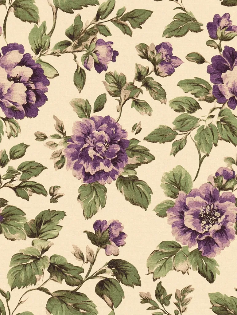 A cream-colored fabric displays a repeating pattern of purple and mauve flowers.  The blossoms, resembling peonies, are detailed with varying shades of purple, and are interspersed with green foliage.  The overall style is reminiscent of vintage floral prints, featuring lush, slightly stylized leaves and blooms arranged in a flowing, natural design. The color palette is muted and elegant.