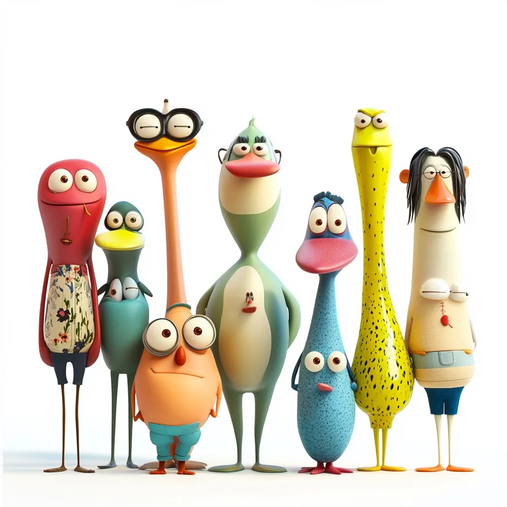 A group of eight whimsical cartoon creatures stand together against a white background.  They are diverse in shape, color, and personality, exhibiting a variety of expressions.  The characters resemble birds and other fantastical beings, some wearing clothing. Their designs are playful and 3D-rendered with smooth surfaces and exaggerated features. The overall mood is cheerful and friendly.