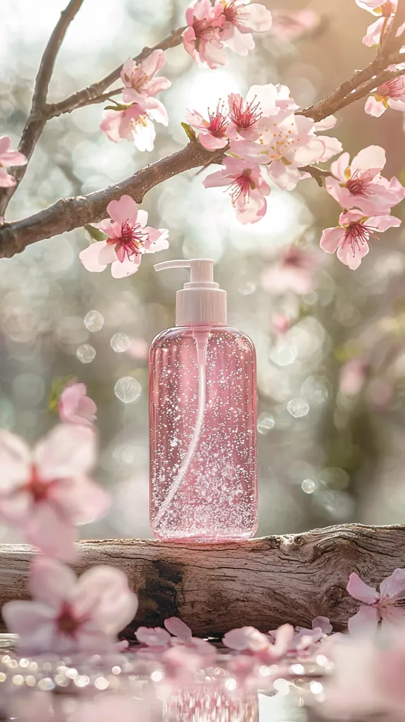 A bottle of pink, bubbly liquid hand soap rests on a weathered log.  Delicate pink blossoms of a cherry or almond tree branch gently frame the bottle.  Sunlight filters through the branches, creating a soft, romantic atmosphere.  Fallen petals scatter around the base of the log, reflecting the light on the water below. The overall scene is serene and aesthetically pleasing.