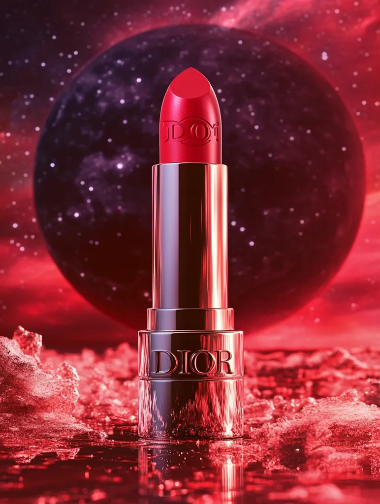 A Dior lipstick in a vibrant red shade is showcased against a dramatic backdrop. The lipstick tube is metallic rose gold, reflecting the surrounding red and purple hues.  The background features a large, red planet-like sphere amidst a cosmic scene, suggesting a luxurious and otherworldly aesthetic. The overall image is rich in color and texture.