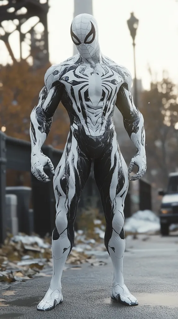 A stylized Spider-Man stands on a city street.  His suit is predominantly white with black, vein-like patterns, giving a bio-mechanical appearance.  The suit is highly detailed, showcasing muscular definition. The background is blurred, suggesting an urban setting with a hint of winter.  The overall impression is one of sleek, powerful design.