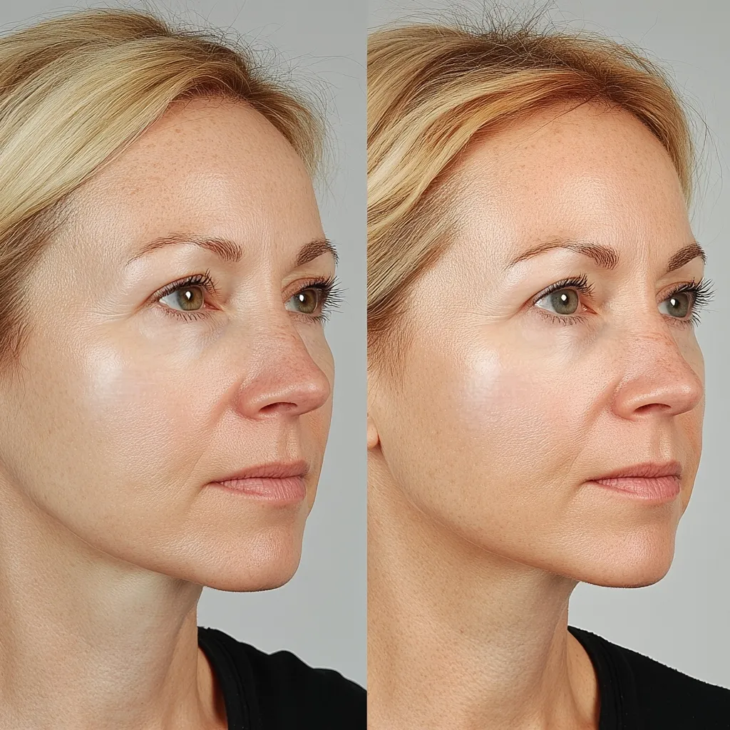 A before-and-after image shows a woman's face.  The before image reveals noticeable wrinkles and slight sagging around the eyes and jawline.  The after image displays a smoother, more youthful appearance with reduced wrinkles and a more defined jawline, suggesting a cosmetic procedure or treatment.  The woman's blonde hair and profile view remain consistent in both images.