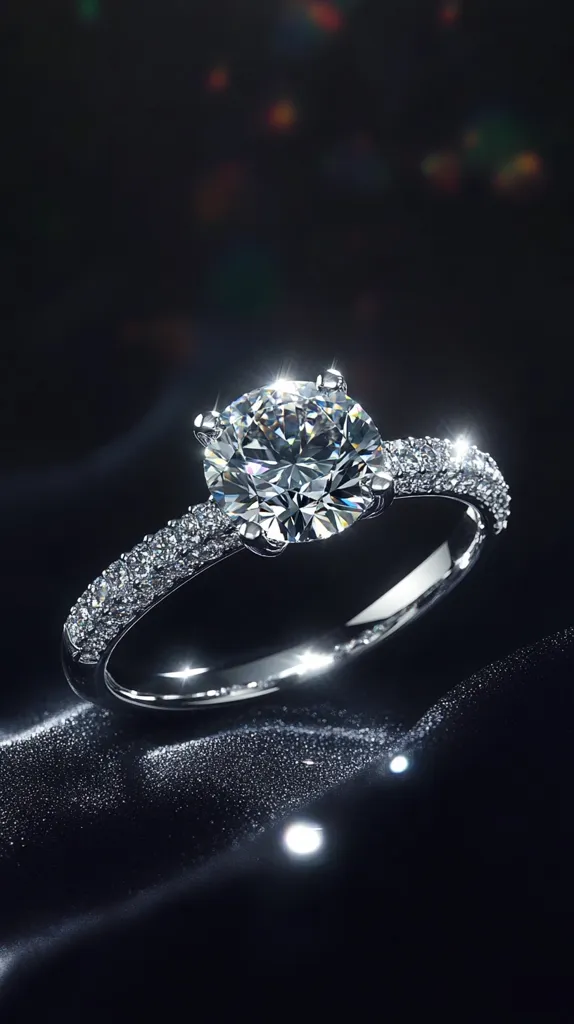 A stunning diamond engagement ring is showcased against a dark, subtly textured background. The ring features a large, brilliant-cut center diamond encircled by a band of smaller diamonds.  The light catches the diamonds, creating a dazzling sparkle. The overall image emphasizes the ring's elegance and luxurious appeal.