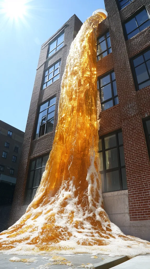A large, amber-colored liquid cascades down the side of a brick building, creating a dramatic, foamy waterfall effect. The liquid resembles honey or a thick syrup, flowing from a container at the top. The sun shines brightly, illuminating the scene and the texture of the liquid. The building is modern with large windows. The overall effect is both visually stunning and slightly surreal.