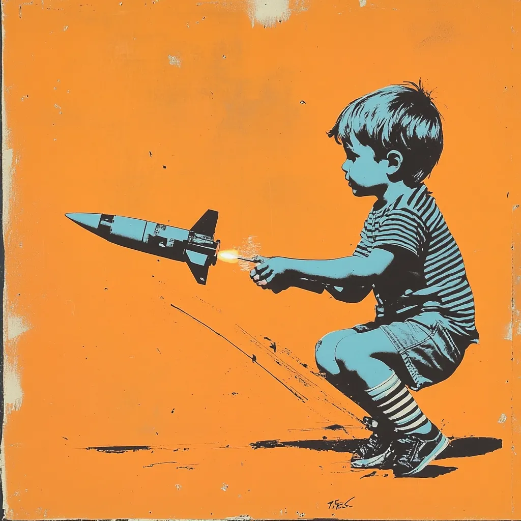 A young boy, depicted in teal and blue tones against a vibrant orange background, crouches to ignite a small, teal-colored rocket.  The rocket is pointed to the left, its fiery trail suggesting imminent launch. The scene is rendered in a bold, graphic style, conveying a sense of youthful energy and potential, perhaps with a hint of naive recklessness. The overall effect is striking and slightly surreal.