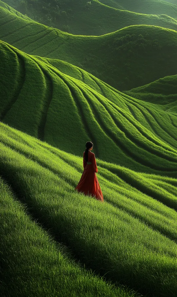 A lone woman in a long, red dress walks across a vibrant green hillside.  The rolling hills are meticulously terraced, creating a striking pattern of lines across the landscape. The scene is serene and peaceful, with the woman's figure a small contrast against the vastness of the natural beauty.  The deep green of the grass and the rich red of the dress create a visually compelling image.