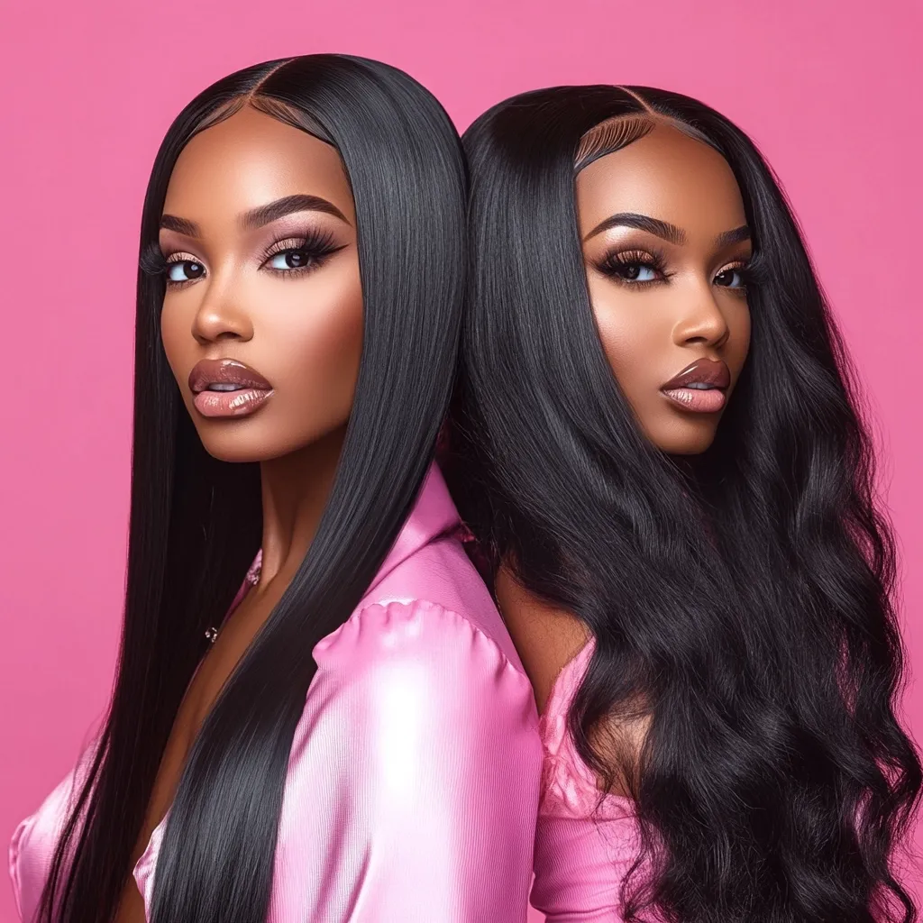 Two Black women with long, straight and wavy black hair, respectively, pose back-to-back against a pink background.  They wear matching pink satin tops and have flawless makeup featuring defined brows and lashes.  Their hair is styled sleekly, showcasing healthy shine and length.  The overall aesthetic is glamorous and stylish.