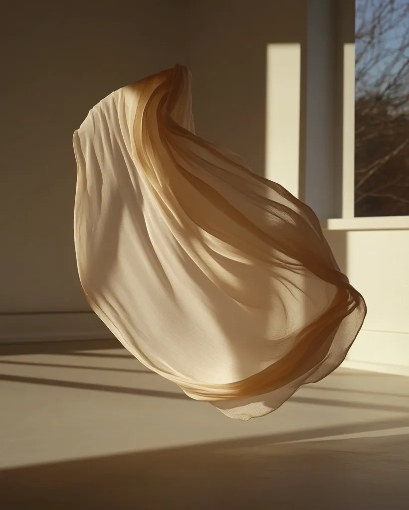 A sheer, light beige fabric drapes and flows in mid-air, illuminated by sunlight streaming through a nearby window. The fabric's gentle folds and movement create a sense of weightlessness and ethereal beauty.  The warm, natural light casts soft shadows on the floor, enhancing the overall serene and minimalist aesthetic.