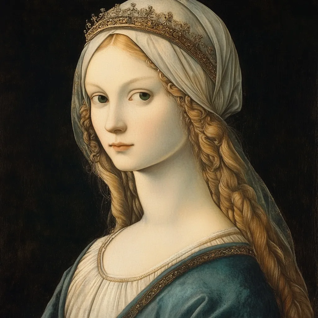 A portrait of a young woman, possibly a noblewoman, is depicted. She wears a delicate gold crown atop a sheer white veil that frames her face and long, braided blonde hair. Her pale skin and serene expression are highlighted by the soft lighting, contrasting against the dark background.  The woman's teal-blue gown features gold embroidery at the neckline, adding to the sense of elegance and refinement. The artist's attention to detail is evident in the fine rendering of hair and fabric.