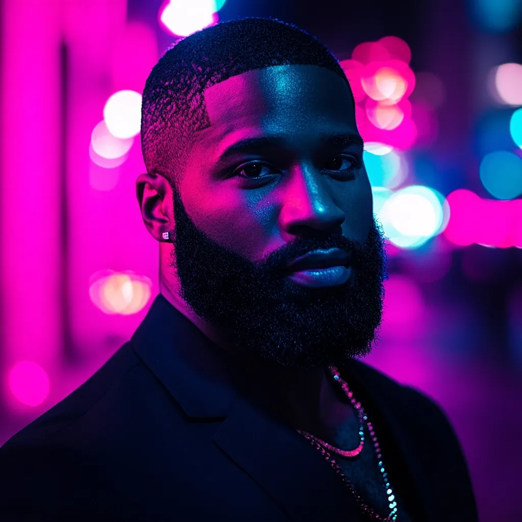 A close-up portrait of a Black man with a short, well-groomed beard. He's wearing a dark suit and a gold chain, illuminated by vibrant pink and blue neon lights that create a dramatic, stylish effect.  His expression is serious and intense, creating a mood of sophistication and urban cool. The out-of-focus background features blurred bokeh lights, enhancing the subject's sharp focus.