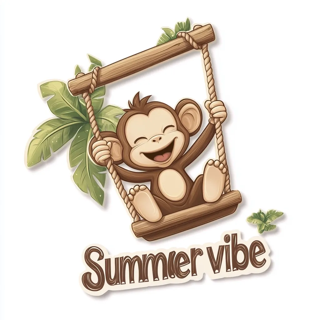 A cheerful cartoon monkey happily swings on a rustic wooden swing surrounded by lush tropical leaves.  The monkey's joyful expression and the vibrant greenery evoke a feeling of summer fun. Below the image, the words "Summer Vibe" are playfully displayed, completing the lighthearted and summery theme.