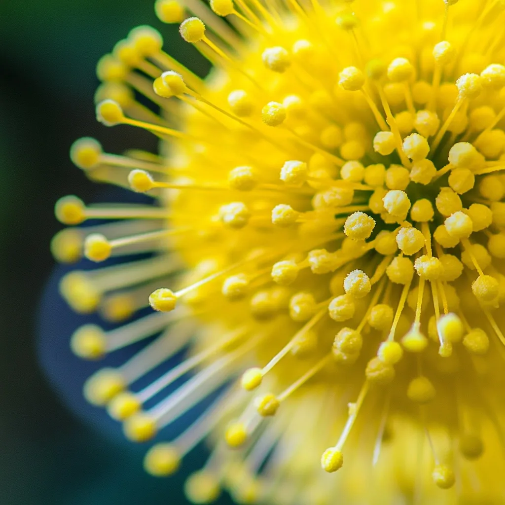 A close-up reveals a vibrant yellow flower, its numerous stamens extending outwards like tiny, radiant spikes.  Each stamen terminates in a small, pollen-laden head, creating a densely packed, spherical structure. The intense yellow color and fine details are sharply in focus, highlighting the flower's intricate texture and delicate beauty. The background is softly blurred, drawing attention to the flower's central detail.