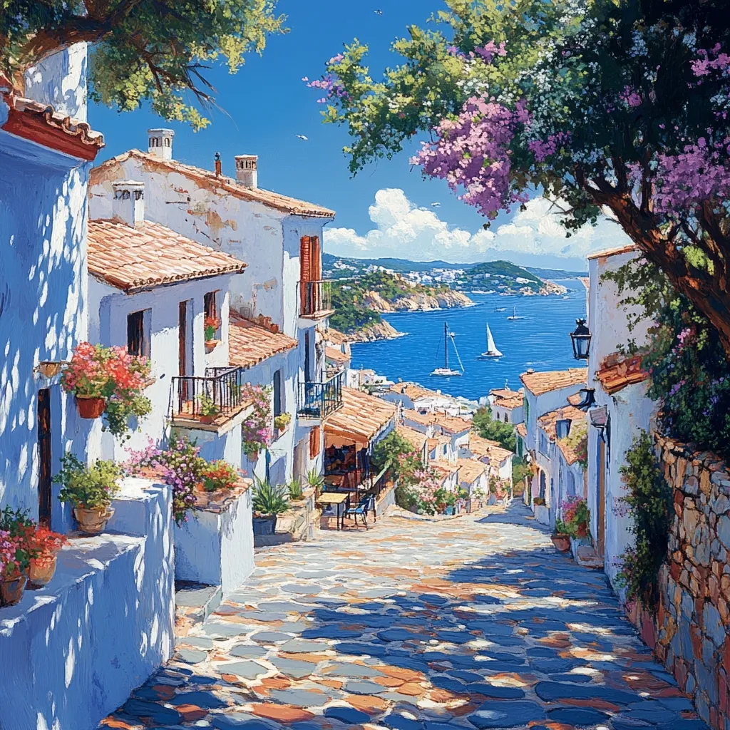 A picturesque Mediterranean street scene unfolds, showcasing whitewashed buildings adorned with terracotta roofs and vibrant flower boxes.  Sunlight dapples the cobblestone street, leading the eye towards a stunning coastal vista.  Sailboats dot the azure sea, nestled against a backdrop of rolling hills. Lush greenery and flowering trees frame the idyllic setting. The overall impression is one of serene beauty and tranquil charm.