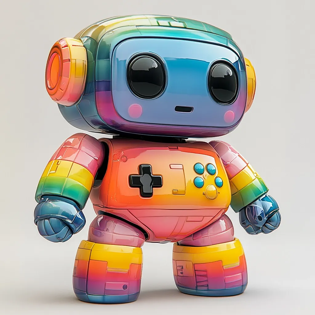 A vibrant, colorful robot toy is depicted. Its body is a gradient of rainbow hues, resembling a pixelated design.  Large, expressive eyes and a small, cute mouth are featured on its face. The chest displays a stylized gamepad, hinting at a gaming theme. The robot's design is glossy and seemingly made of plastic.  It stands on chunky, colorful legs, creating a playful and charming aesthetic.