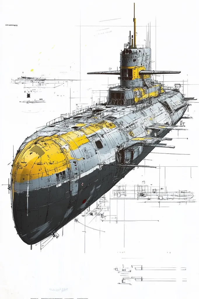 A detailed technical drawing showcases a futuristic submarine.  Its hull is predominantly dark grey, accented with vibrant yellow sections.  The design features intricate details, including various hatches and equipment.  Smaller sketches of the submarine from different angles are scattered around the main illustration, suggesting design blueprints or schematics. The overall style is a blend of technical precision and artistic flair.