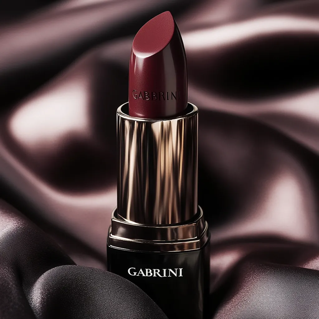 A dark burgundy lipstick tube rests on rich, dark brown satin fabric. The lipstick is elegantly designed with a gold band and the brand name "Gabrini" subtly embossed on the tube. The deep color of the lipstick complements the luxurious texture of the background. The image emphasizes the product's sophistication and high-end appeal.