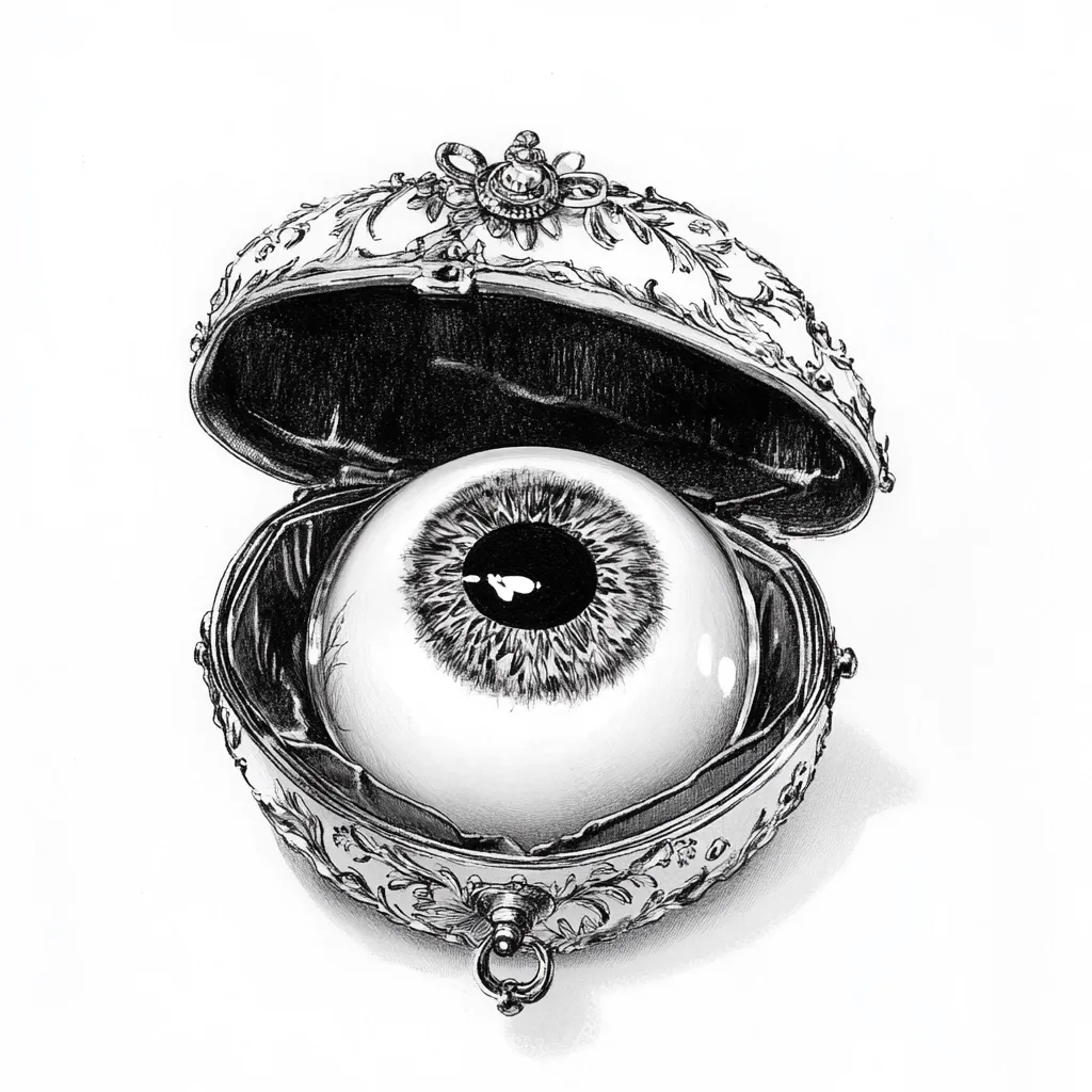 A meticulously detailed pencil sketch depicts a human eyeball nestled within an ornate, open silver locket. The locket's intricate floral design contrasts sharply with the realistic rendering of the eye, its iris and pupil capturing light and shadow with remarkable precision. The juxtaposition of the delicate, antique container and the raw, organic eyeball creates a visually arresting and slightly unsettling image.  The overall style is reminiscent of Victorian-era illustration, merging beauty and a hint of macabre.