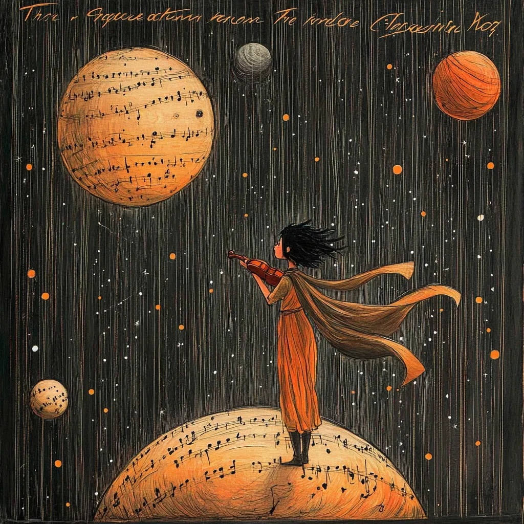 A whimsical illustration depicts a girl in an orange dress, standing on a sheet-music-covered planet, playing a violin.  She's enveloped by a flowing cape, under a star-filled, dark sky.  Several planets, also adorned with musical notes, float in the background, creating a dreamy, cosmic scene. The artwork blends fantasy and music, evoking a sense of wonder and serenity.