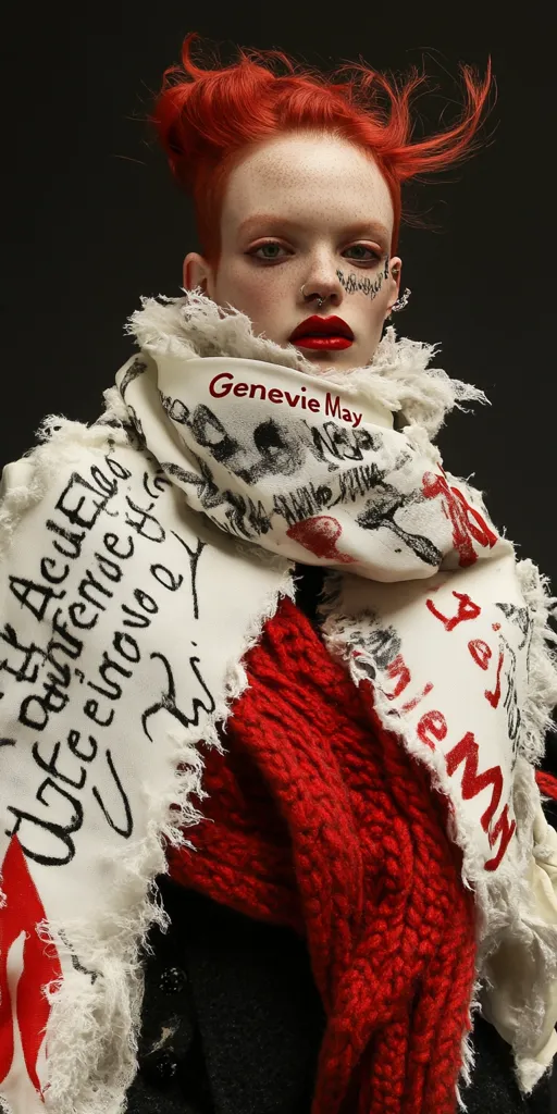 Genevieve May, a redhead model, is strikingly presented. Her vibrant hair is styled in a dynamic updo.  She wears a large, off-white scarf adorned with black script and graphic elements, layered over a chunky red knit sweater.  Her makeup features a bold red lip and subtle facial markings. The overall aesthetic is edgy and artistic.