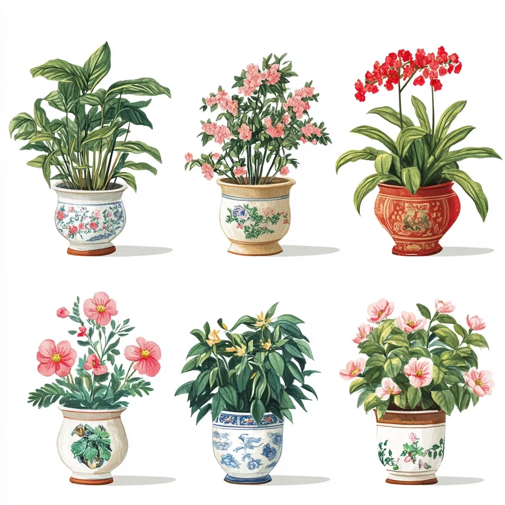 Six potted plants are depicted, each in a uniquely designed pot.  Top row shows a leafy green plant, pink azaleas, and red spider lilies. The bottom row features pink flowers, a leafy green plant, and light pink flowers, all in decorative pots with varying floral and Asian-inspired designs.  The image showcases a collection of houseplants, elegantly arranged.