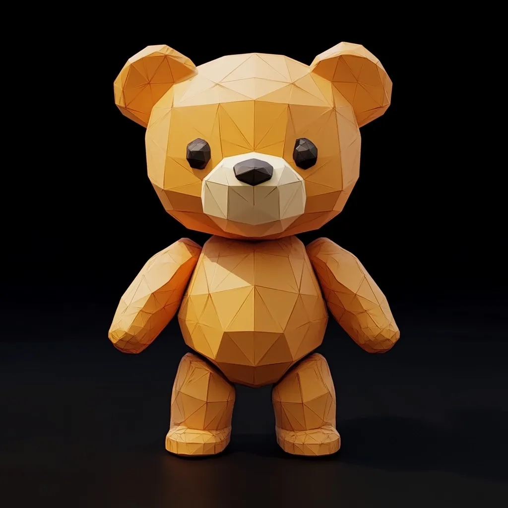 A low-poly teddy bear stands against a black background.  Its body is composed of numerous orange triangles, giving it a geometric, almost sculptural appearance.  The bear features simple, defined facial features, and a stance suggesting friendliness. The lighting highlights the facets of the polygonal design, creating depth and shadow.