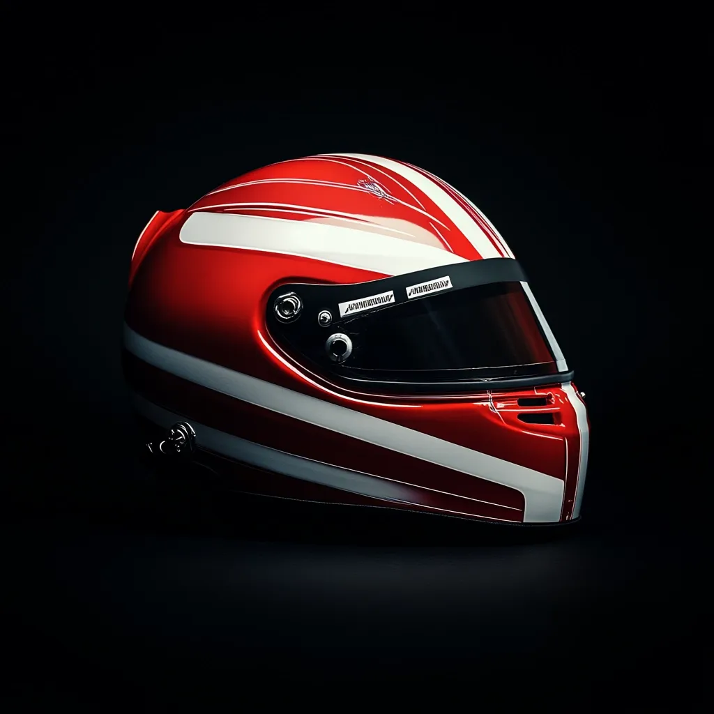 A sleek, red racing helmet with bold white stripes is prominently displayed against a stark black background.  The helmet's glossy finish and sharp lines suggest high-performance design.  The dark visor and subtle branding add to its professional aesthetic, hinting at speed and precision. The image's lighting emphasizes the helmet's curves and details.