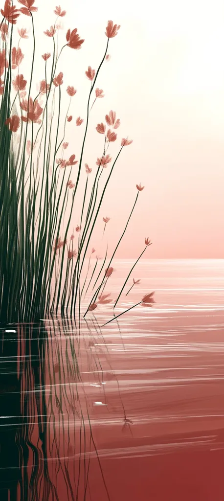 A stylized illustration depicts delicate, reddish-pink flowers on slender stems emerging from dark green reeds at the edge of a calm, reddish-hued body of water. The flowers and reeds are reflected in the still water, creating a serene and symmetrical image. The background is a soft, light pinkish-white gradient, enhancing the overall peaceful and minimalist aesthetic.  The style is reminiscent of a watercolor painting or digital art.