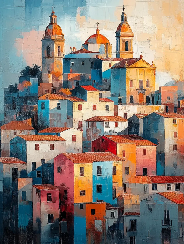 A vibrant painting depicts a picturesque hillside town, dominated by a grand cathedral with three prominent domes.  Colorful houses, rendered in a textured, impressionistic style, cascade down the slope, creating a dense, layered effect.  Warm hues of orange and yellow contrast with cooler blues and greens, suggesting a sun-drenched setting. The artist's use of bold brushstrokes and varied tones adds depth and dynamism to the scene.