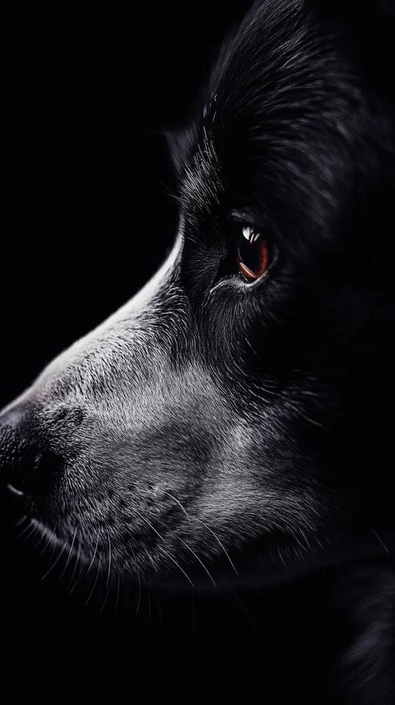 A close-up profile shot of a black and white dog, possibly a Border Collie, against a stark black background.  The dog's expressive brown eye is visible, and the fine details of its fur are highlighted by the dramatic lighting. The image emphasizes the dog's texture and form, creating a striking, almost artistic portrait.  The overall mood is one of intensity and quiet contemplation.