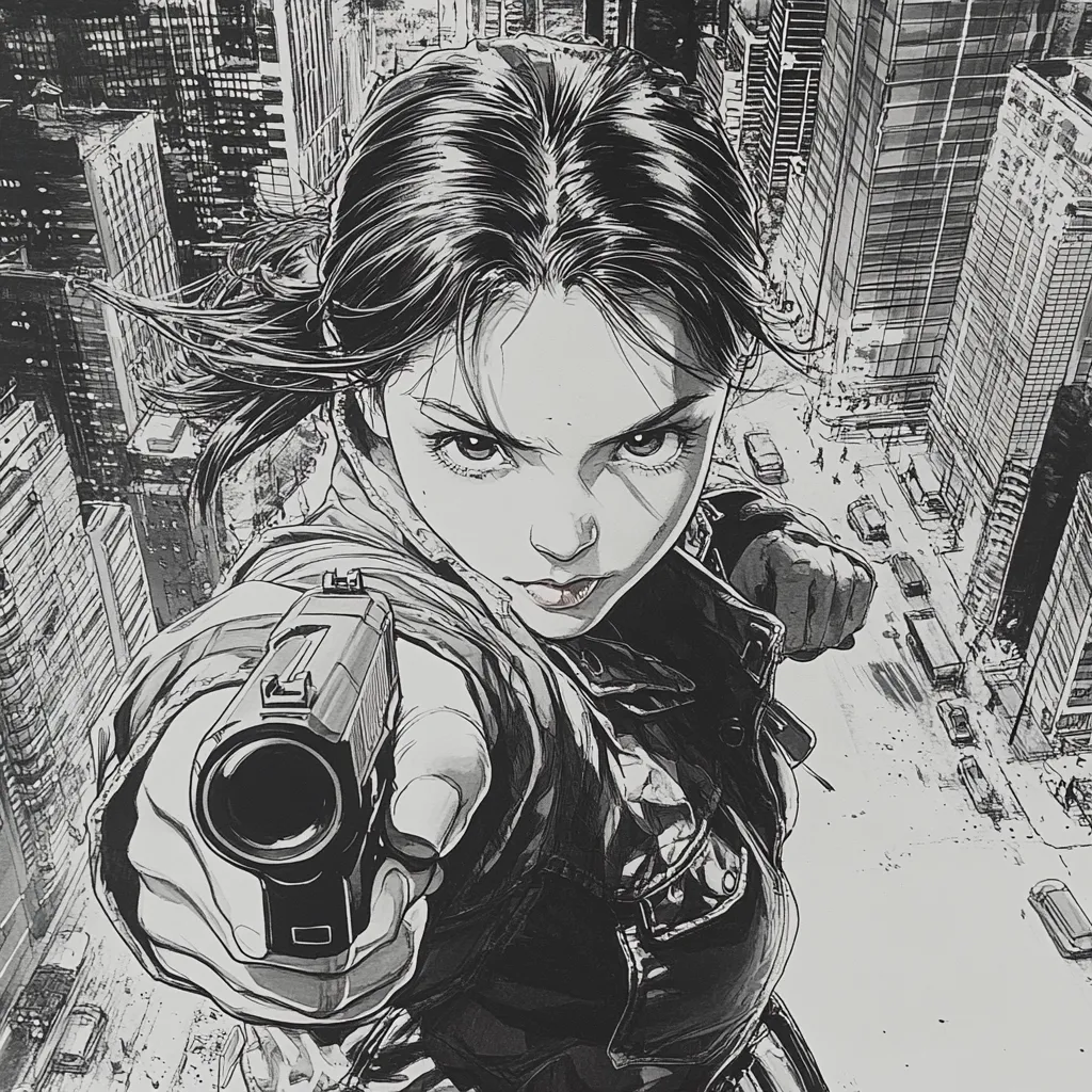 A dramatic black and white illustration depicts a young woman, seen from a low angle, aiming a handgun directly at the viewer.  Her intense expression and determined stance convey a sense of urgency and danger. The background features a detailed cityscape, suggesting a high-stakes urban setting. The style is reminiscent of graphic novels or comic book art, with sharp lines and contrasting shading.