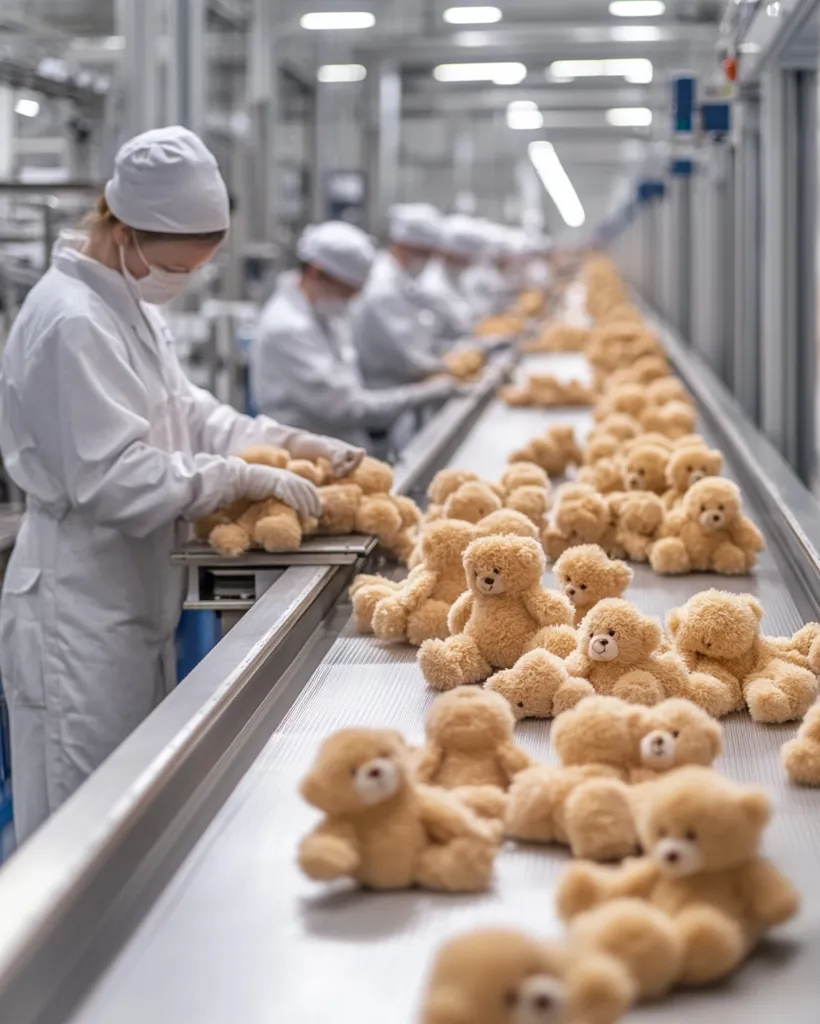 A factory worker in a white protective suit and mask carefully places teddy bears onto a conveyor belt.  The belt is filled with rows of plush teddy bears, moving along the assembly line.  Other workers are visible in the background, continuing the process in a clean, brightly lit factory setting.  The image depicts the mass production of teddy bears.