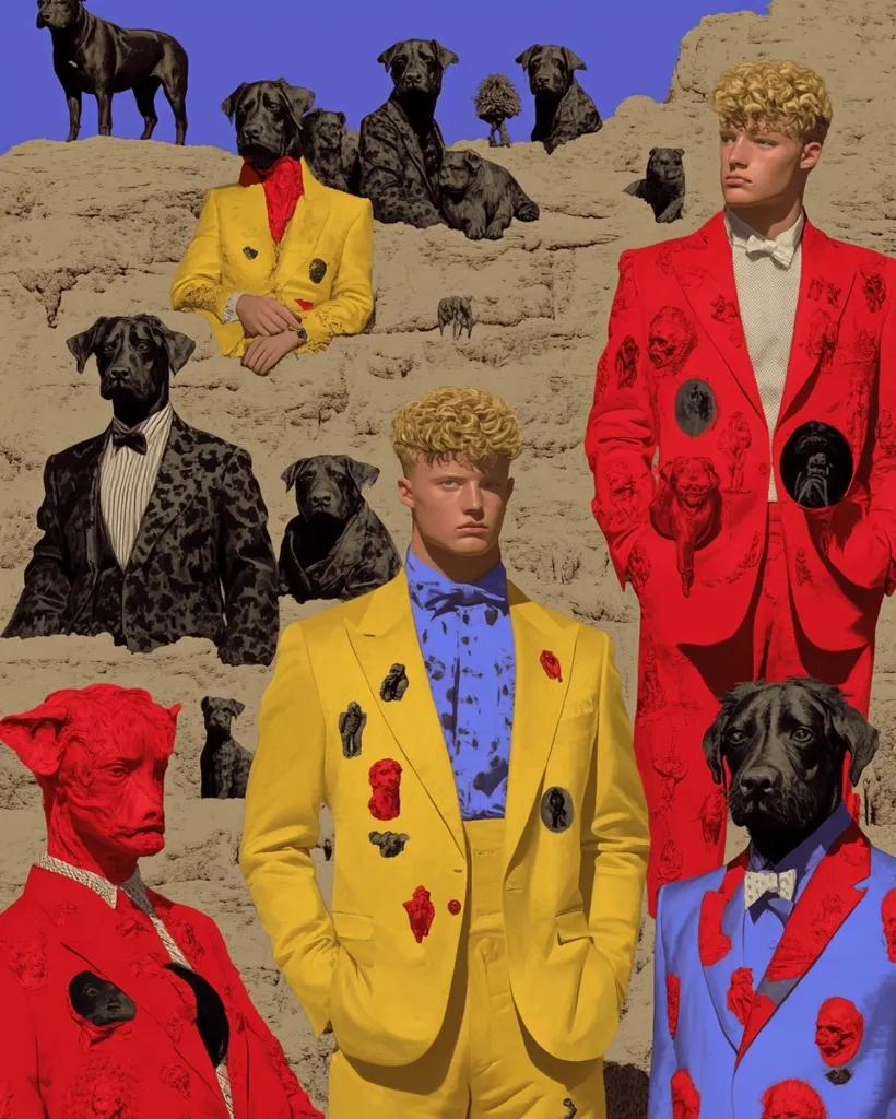 A surreal collage features two blonde men in vibrant suits adorned with dog and bust appliqués.  They stand amidst a desert landscape populated by anthropomorphic dogs in formal wear.  The color palette is bold, contrasting bright yellows and reds against the muted earth tones.  The overall effect is striking and visually arresting, blending fashion with fantasy.