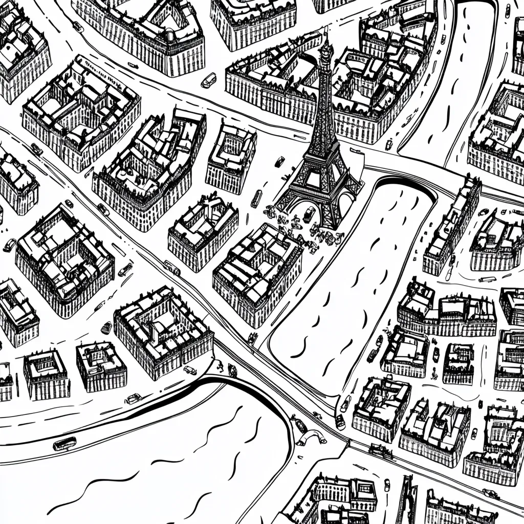 A black and white ink drawing depicts an aerial view of Paris, France.  The Eiffel Tower is centrally located, surrounded by meticulously detailed buildings, roads, and a winding river.  The style is reminiscent of a hand-drawn map, with simplified structures and roads suggesting a bird's-eye perspective of the city's layout.  The contrast between the black ink and white background creates a striking visual impact.