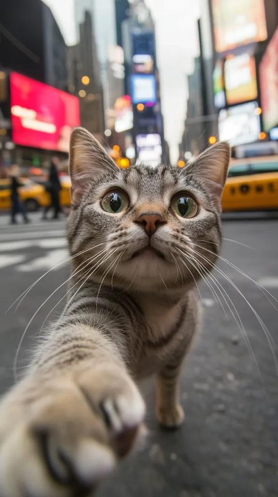 A grey tabby cat in Times Square, New York City, extends its paw towards the camera in a playful "selfie."  The city's vibrant billboards and bustling streets are blurred in the background, creating a dynamic contrast with the cat's focused expression.  The cat's paw is in sharp focus, emphasizing its playful interaction.