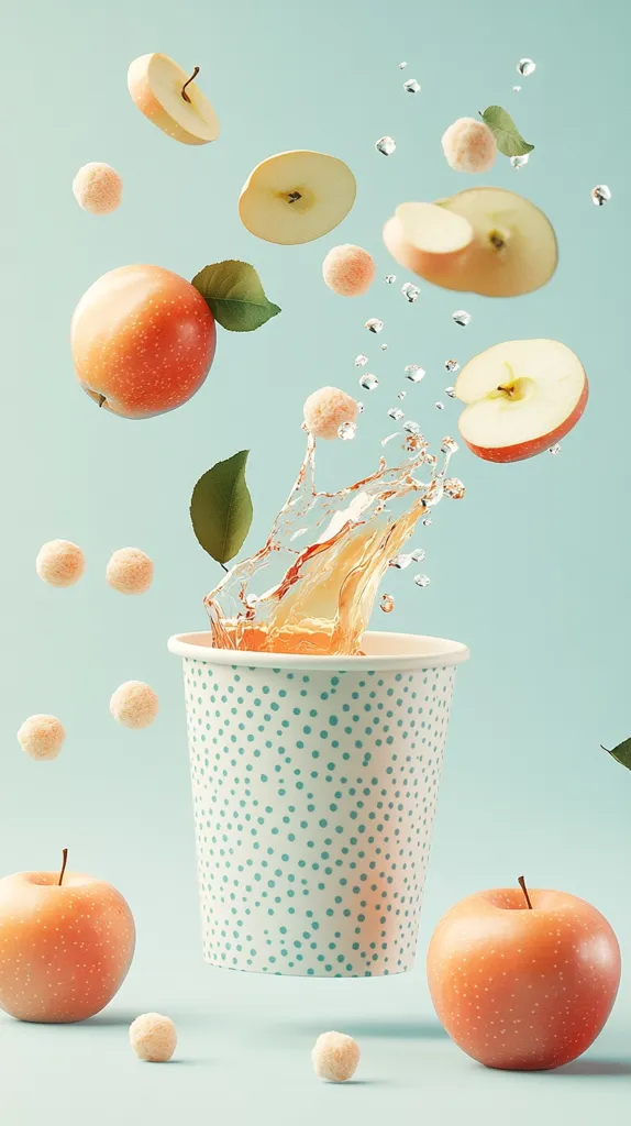 A teal polka-dotted paper cup is filled with apple juice, splashing dramatically.  Whole and sliced apples, along with small, light-colored spheres, float around it against a pale blue background. The scene is vibrant and playful, suggesting a refreshing apple juice beverage.  The overall composition is visually appealing and dynamic.