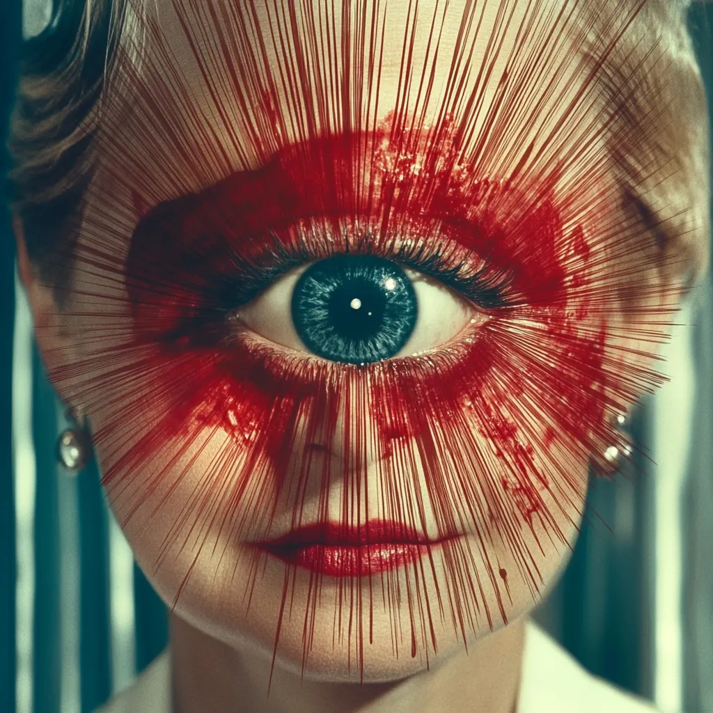 A close-up shot reveals a woman's face adorned with striking makeup.  Her eye is dramatically enlarged, and red lines radiate outwards, resembling blood splatter or stylized eyelashes.  The overall effect is surreal and unsettling, creating a visually arresting image with a dark, artistic feel.  Her expression is neutral, enhancing the mysterious and slightly disturbing mood.