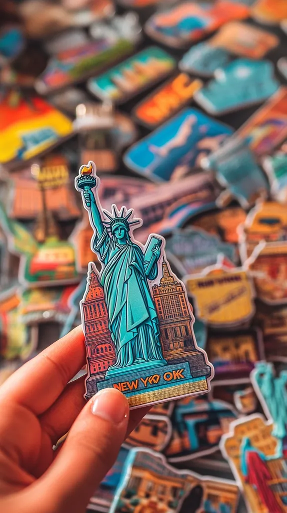 A hand holds a souvenir magnet featuring the Statue of Liberty and New York City buildings. The magnet is colorful and detailed, with "New York OK" written at the bottom. The background is blurred but shows a large collection of similar magnets, showcasing various travel destinations and landmarks.  The overall image suggests a collection of travel mementos.