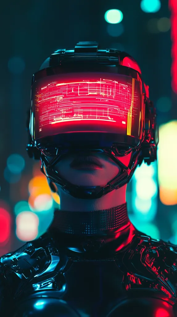 A cyberpunk-styled individual is shown wearing a futuristic helmet with a vibrant red heads-up display.  The helmet is sleek and black, contrasting with the neon lights of the blurred city background. The person's attire is dark and technologically advanced, creating a strong visual of a dystopian or futuristic setting. The image's color palette is predominantly dark blues, blacks, and contrasting reds.