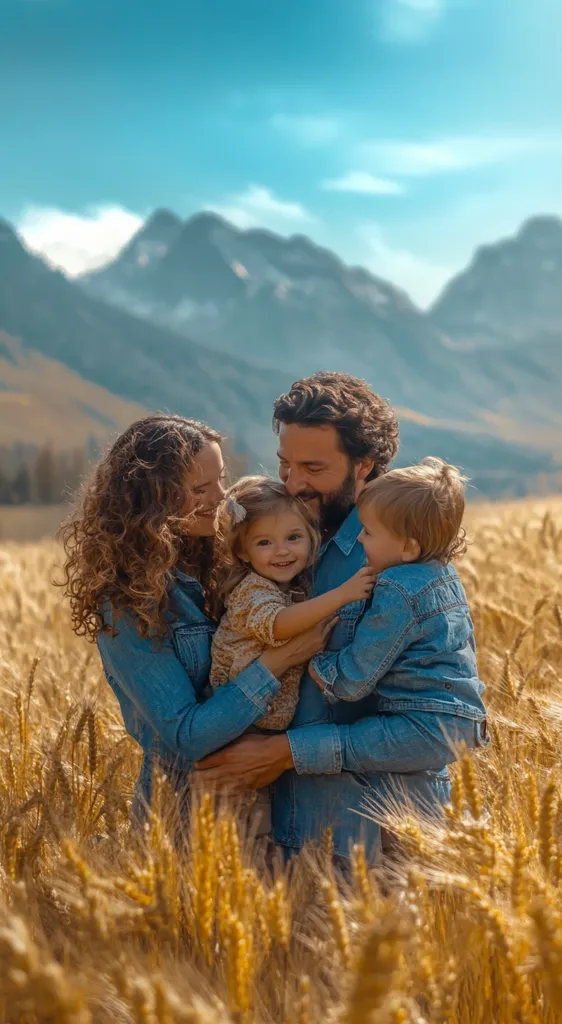 A family of four stands amidst a golden wheat field, a stunning mountain range forming a picturesque backdrop.  The parents, dressed in denim jackets, lovingly embrace their two young children. The little girl is nestled in her mother's arms, while her brother rests on his father's side.  The scene exudes warmth, happiness, and the idyllic beauty of nature.