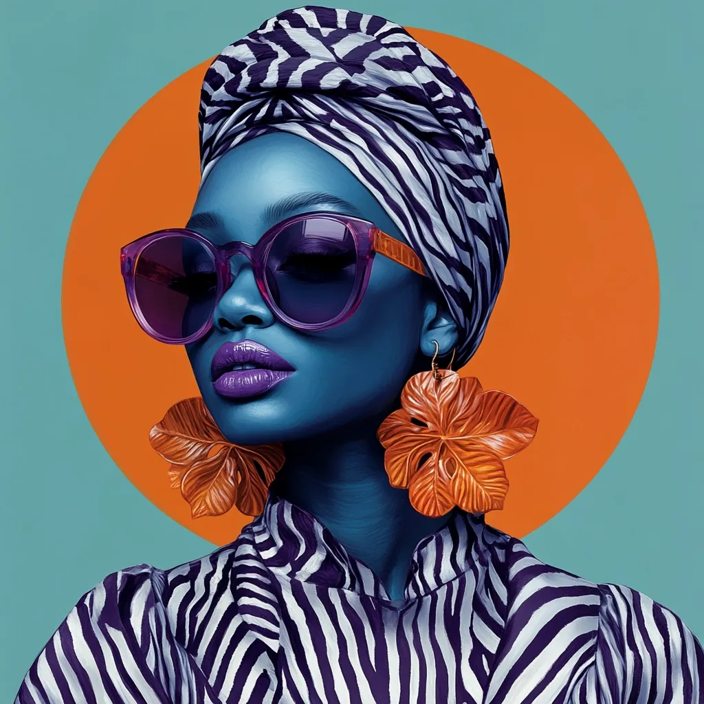 A stylized portrait of a woman with blue skin. She wears a zebra-striped head wrap and matching top, large purple sunglasses, and large orange leaf-shaped earrings.  The background features a vibrant orange circle against a teal backdrop, creating a bold and colorful composition.  The overall style is reminiscent of digital art or illustration.