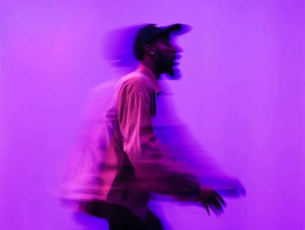 A blurred image of a man in motion against a vibrant purple background.  He wears a dark cap and a reddish-brown shirt. The motion blur suggests movement and energy, creating a dynamic and abstract visual effect. The purple backdrop enhances the overall feeling of intensity and vibrancy.