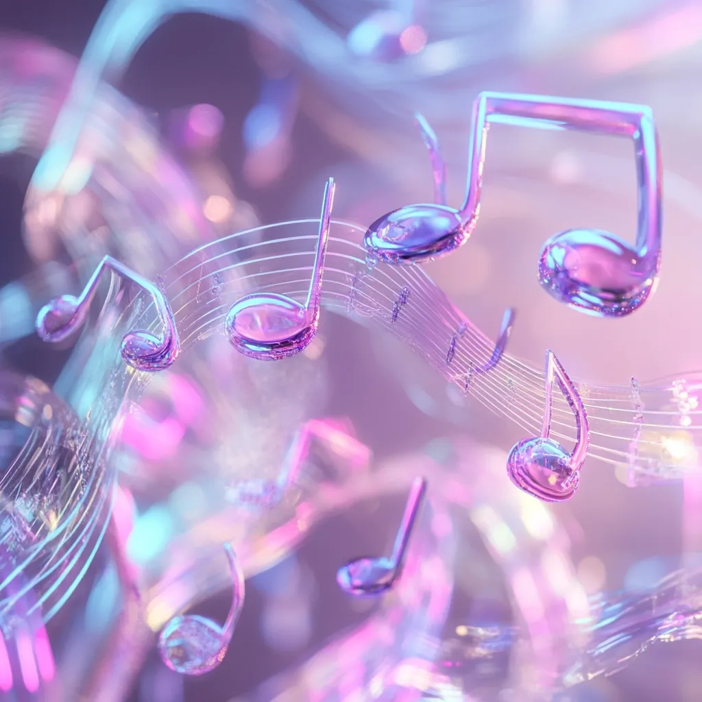 A dreamy, abstract image showcases translucent, pastel-purple musical notes floating in a swirling, ethereal space.  The notes appear three-dimensional and glassy, catching the light.  The background is a soft, hazy blend of purple and blue, enhancing the otherworldly and enchanting atmosphere.  The overall impression is one of lightness, fantasy, and musicality.
