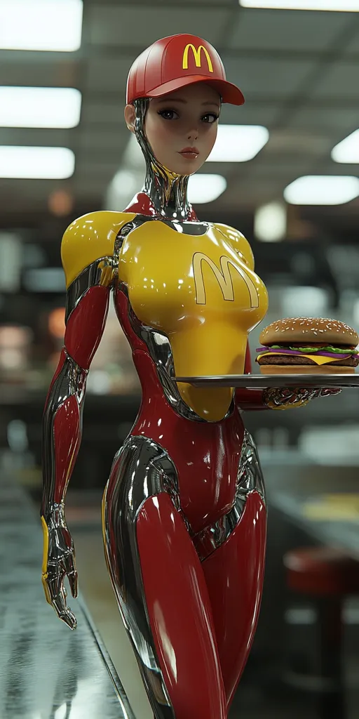 A female robot, with a sleek metallic and red body, wears a McDonald's uniform.  She holds a tray with a hamburger, her expression is calm and slightly serene. The setting appears to be a futuristic fast-food establishment, highlighted by clean lines and bright lighting. The image blends realistic rendering with stylized character design.