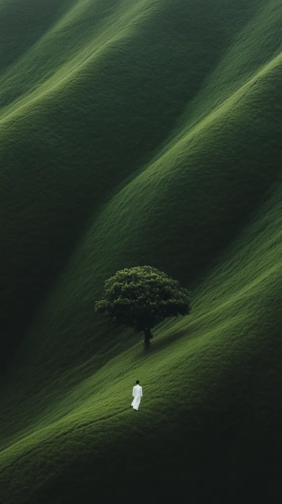 A lone figure in a white robe walks along a gently sloping, verdant hill. The rolling hills are a rich, deep green, creating a dramatic contrast against the minimalist figure.  A solitary tree stands near the path, adding to the serene and peaceful atmosphere of the landscape. The image evokes a sense of quiet contemplation and the beauty of nature's simplicity.
